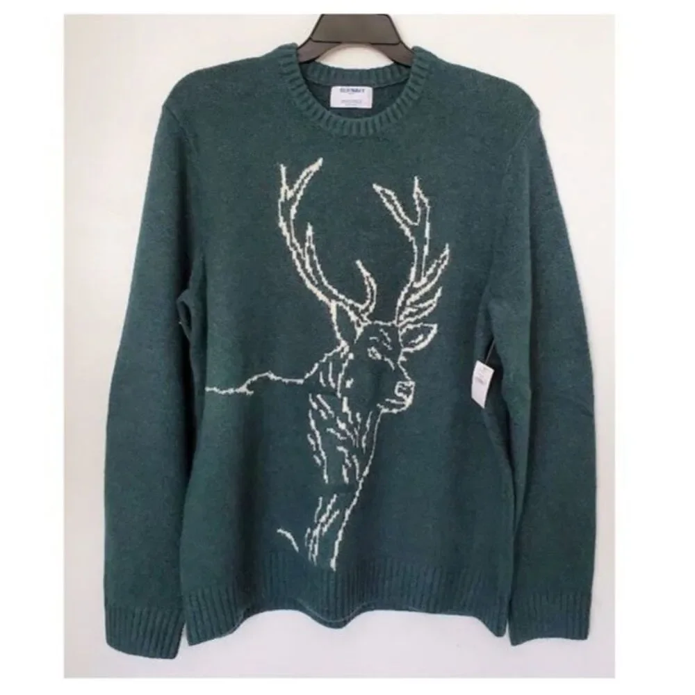 NWT Old Navy Reindeer Crewneck Sweater Dark Green Sz L Holiday Winter Cozy Cabin - Picture 2 of 8